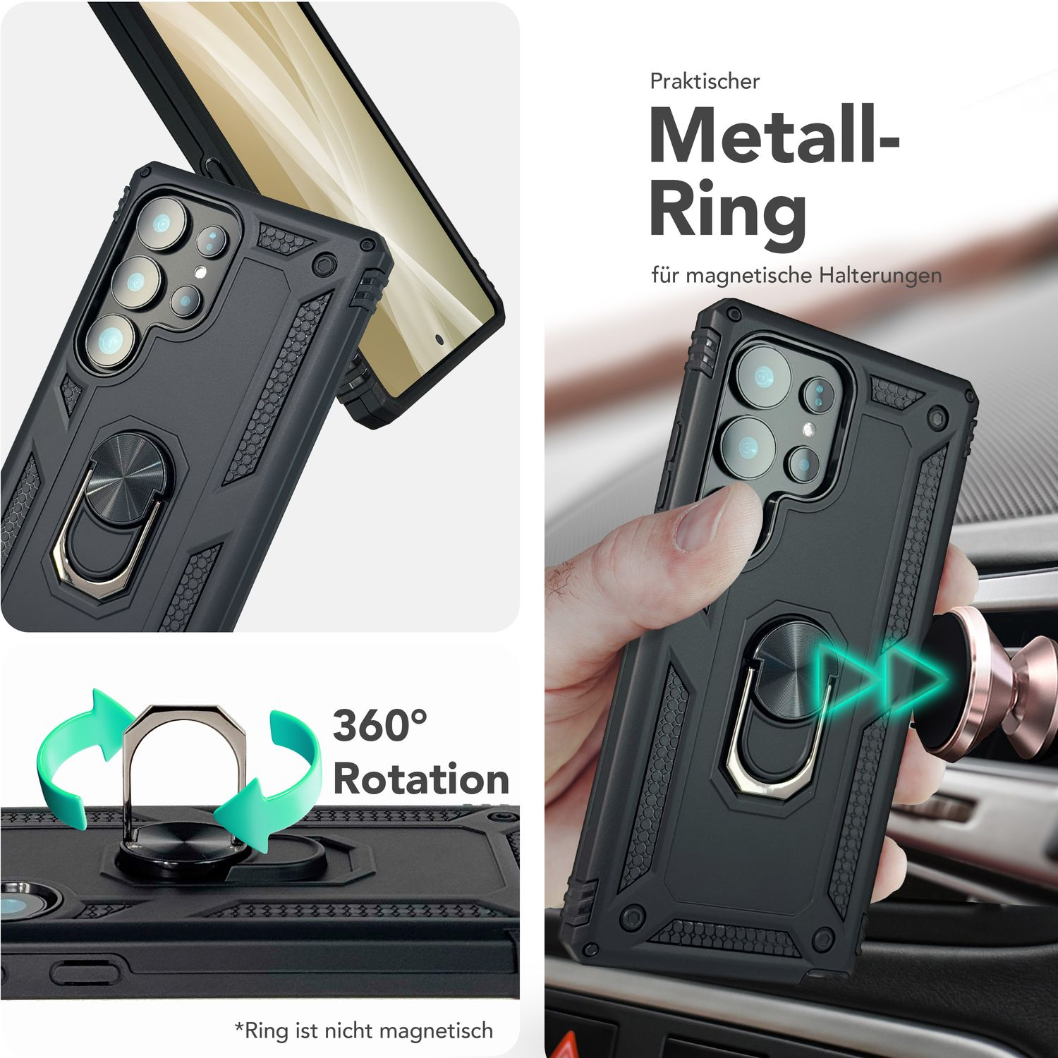 Schwarze Handyhülle mit Ring. Eine schwarze Handyhülle mit Ring und Telefon.