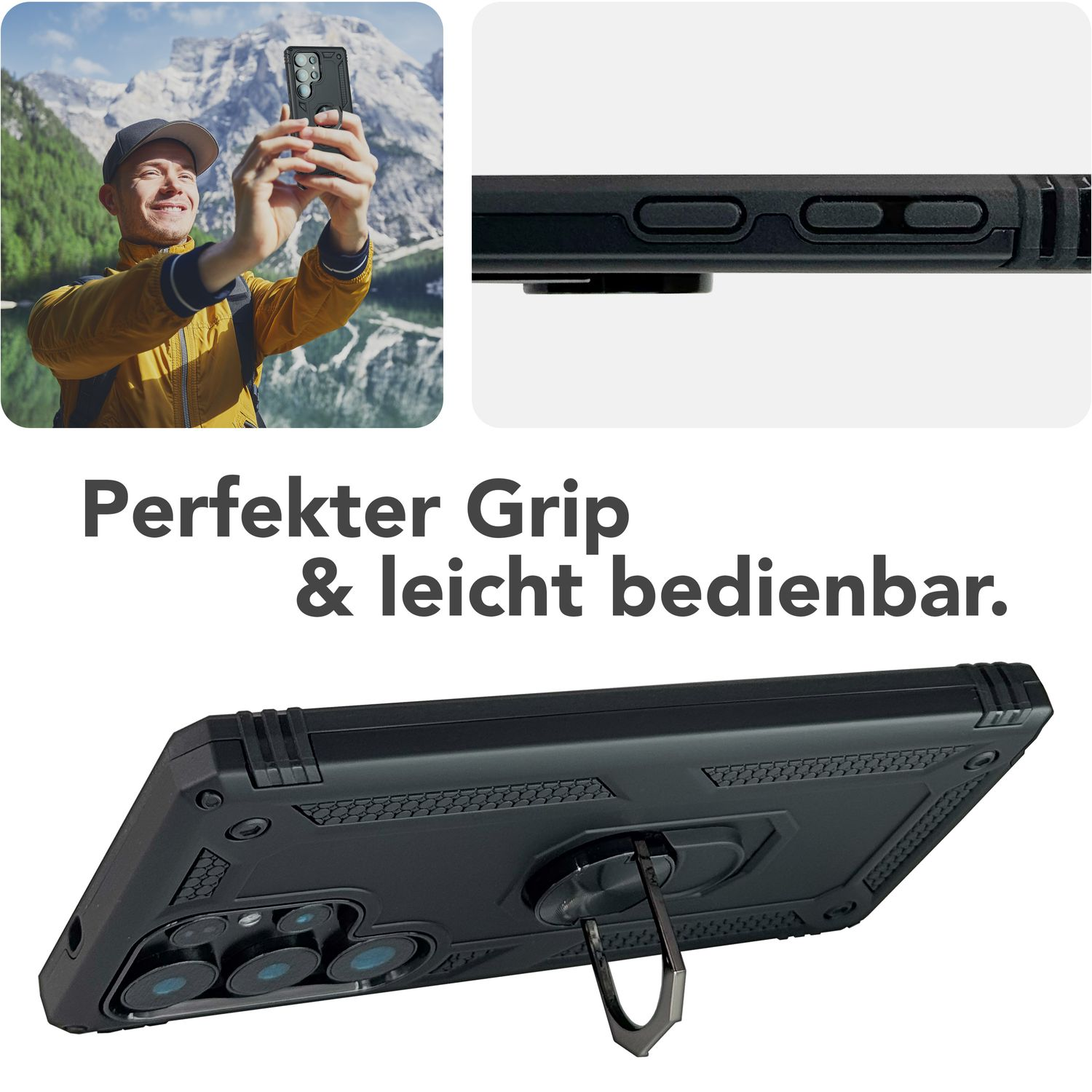 Eine Handyhülle mit Ringhalter. Das Bild zeigt einen Mann, der im Hintergrund ein Selfie macht.