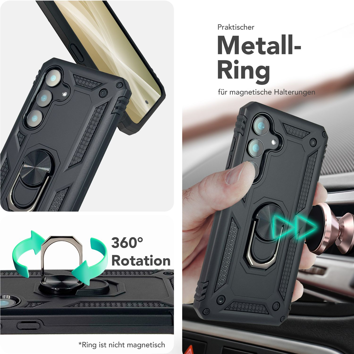 Schwarze Handyhülle mit Metallring. Ring für magnetische Autohalterungen.