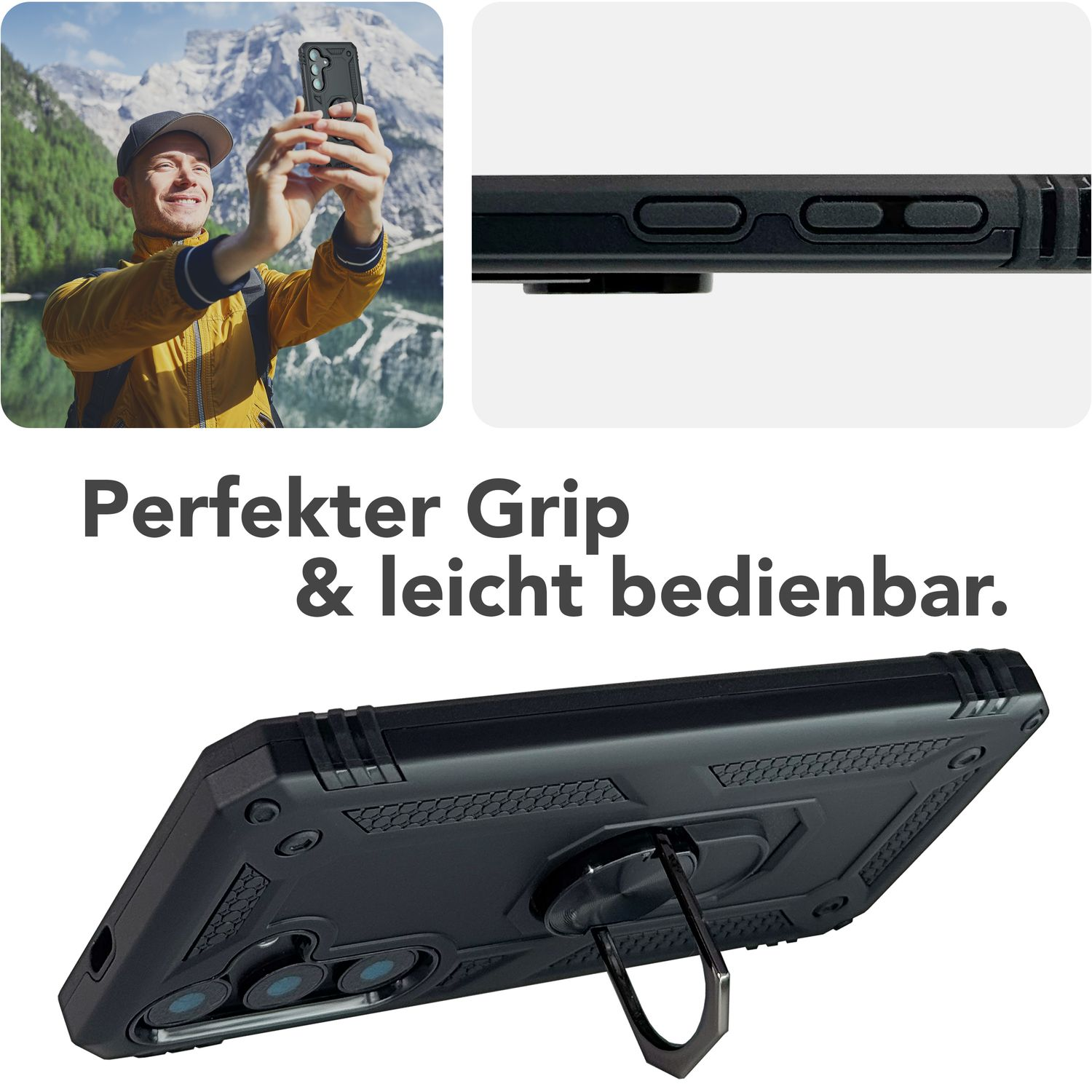 Ein Telefon in einer schwarzen Hülle mit einem Ringständer, mit einer Person, die ein Selfie macht.