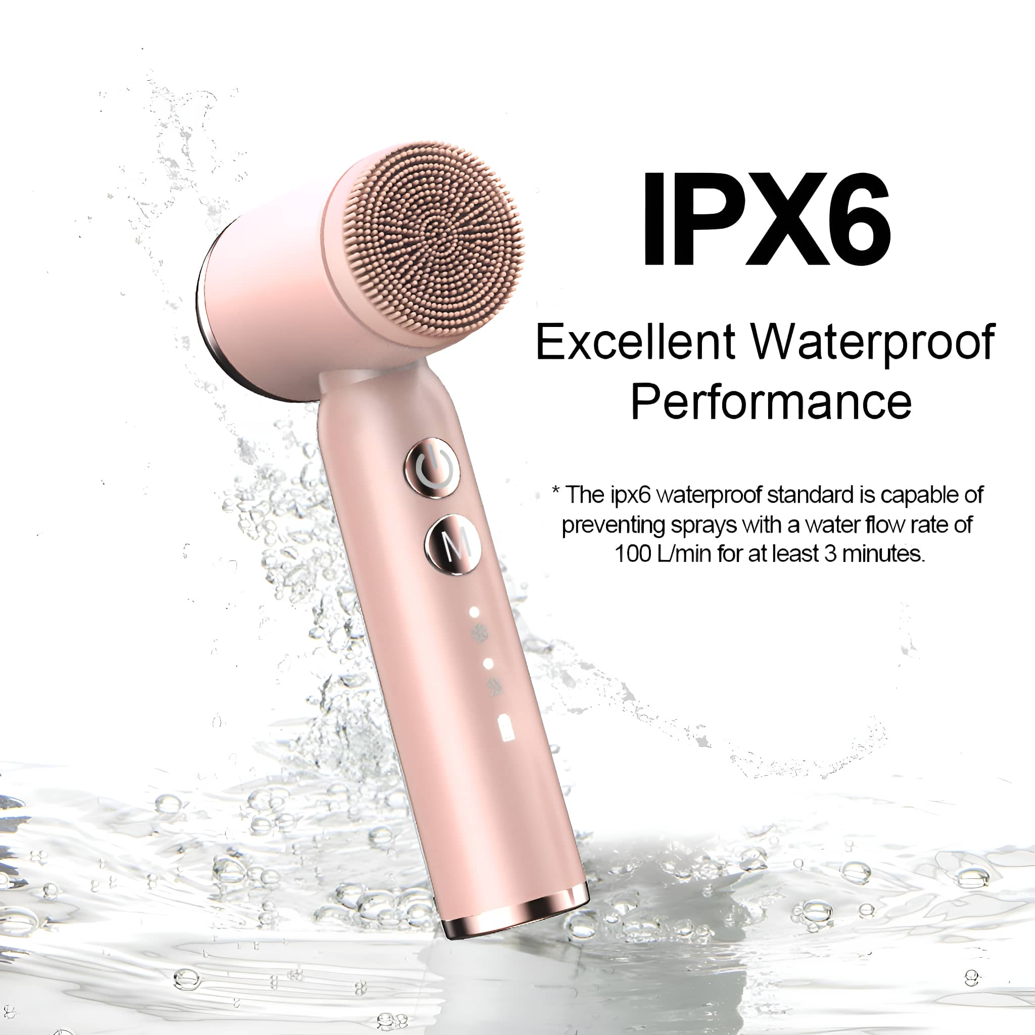 Eine rosa Gesichtsbürste mit Knopf wird im Wasser gezeigt. Text lautet 'IPX6 Excellent Waterproof Performance'.