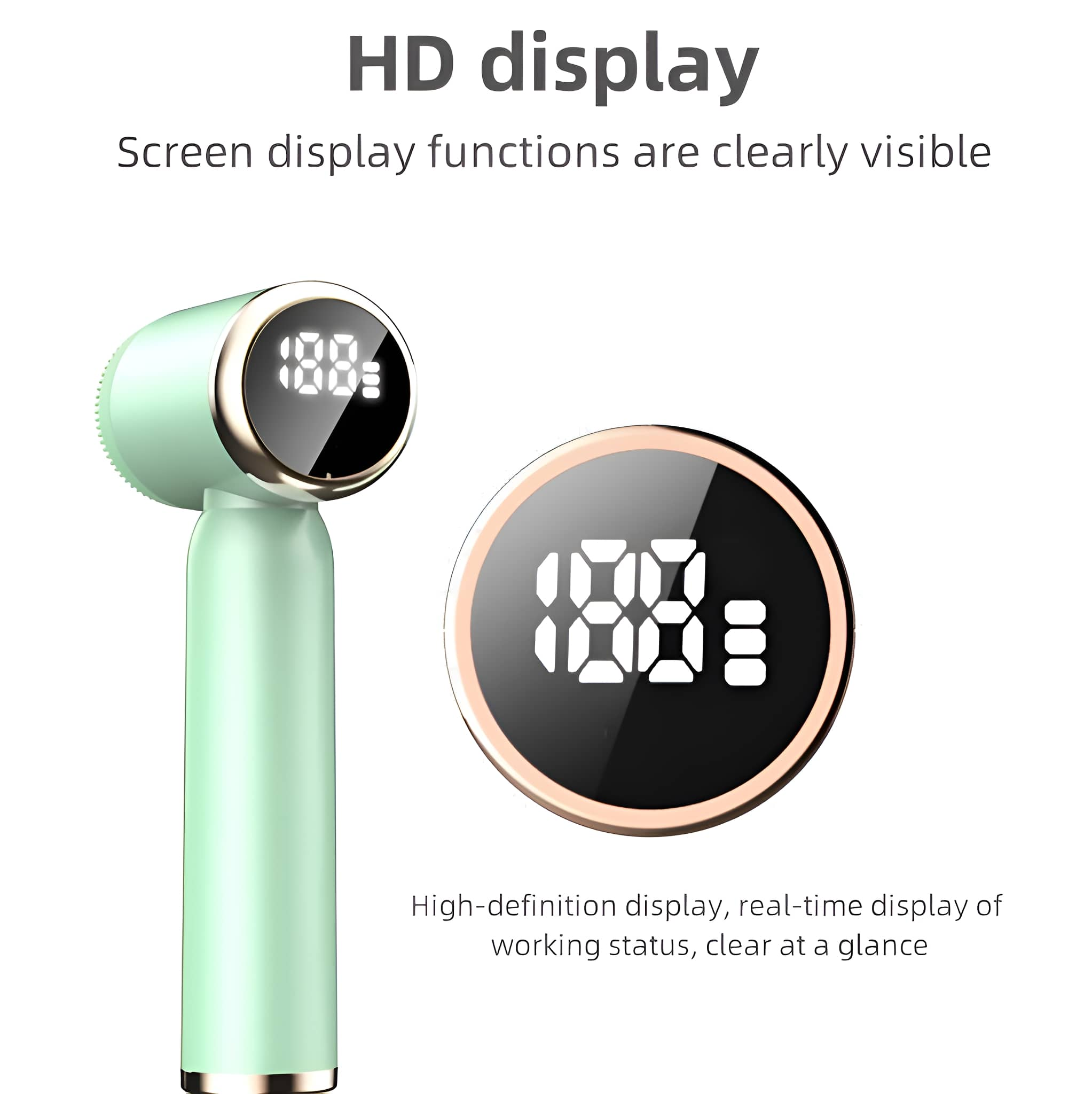 Eine grüne Gesichtsbürste mit einem Bildschirm, der 100% anzeigt, wird gezeigt. Text lautet 'HD display'.