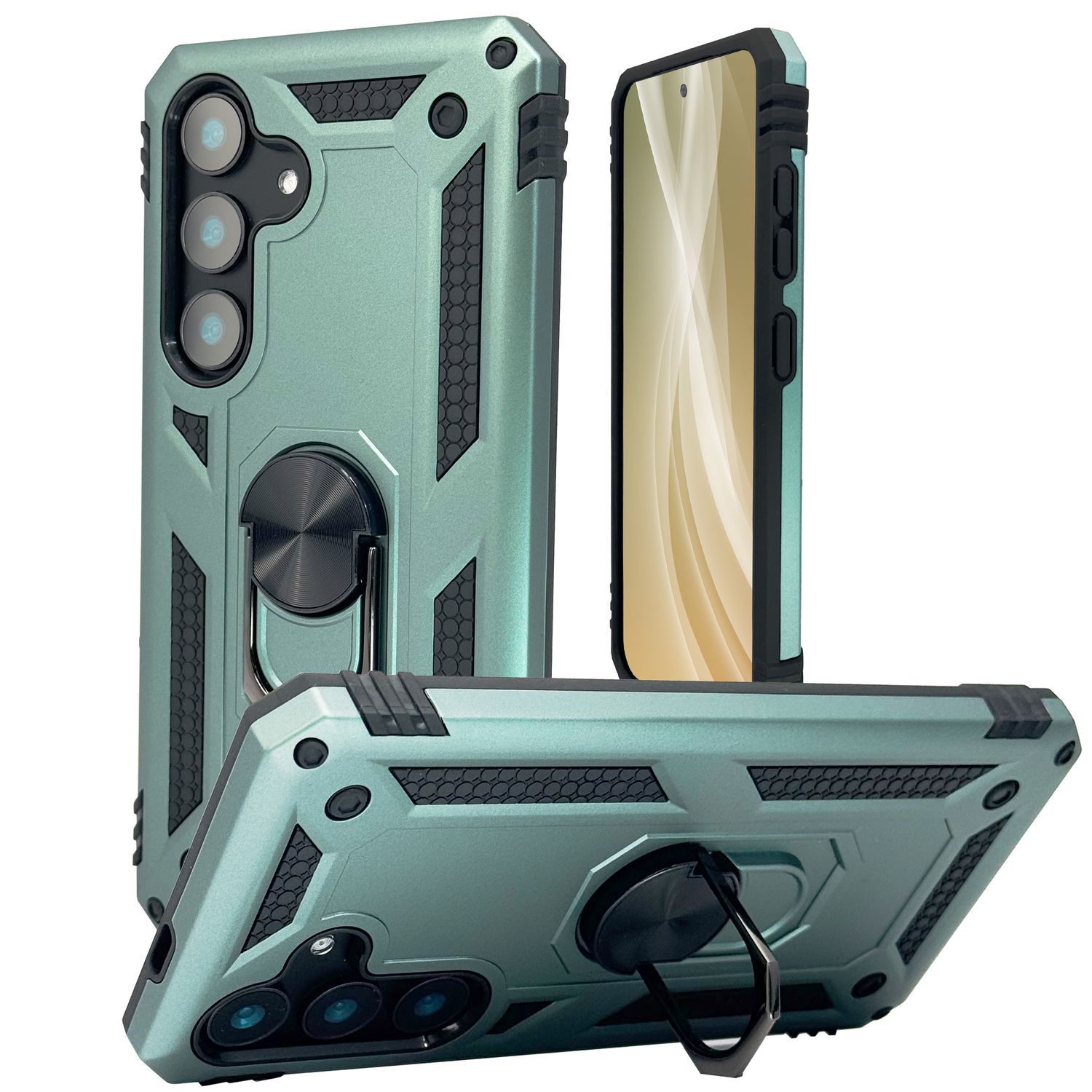 Grüne Handyhülle mit Ringhalter, mehrere Ansichten mit Handy und Design.