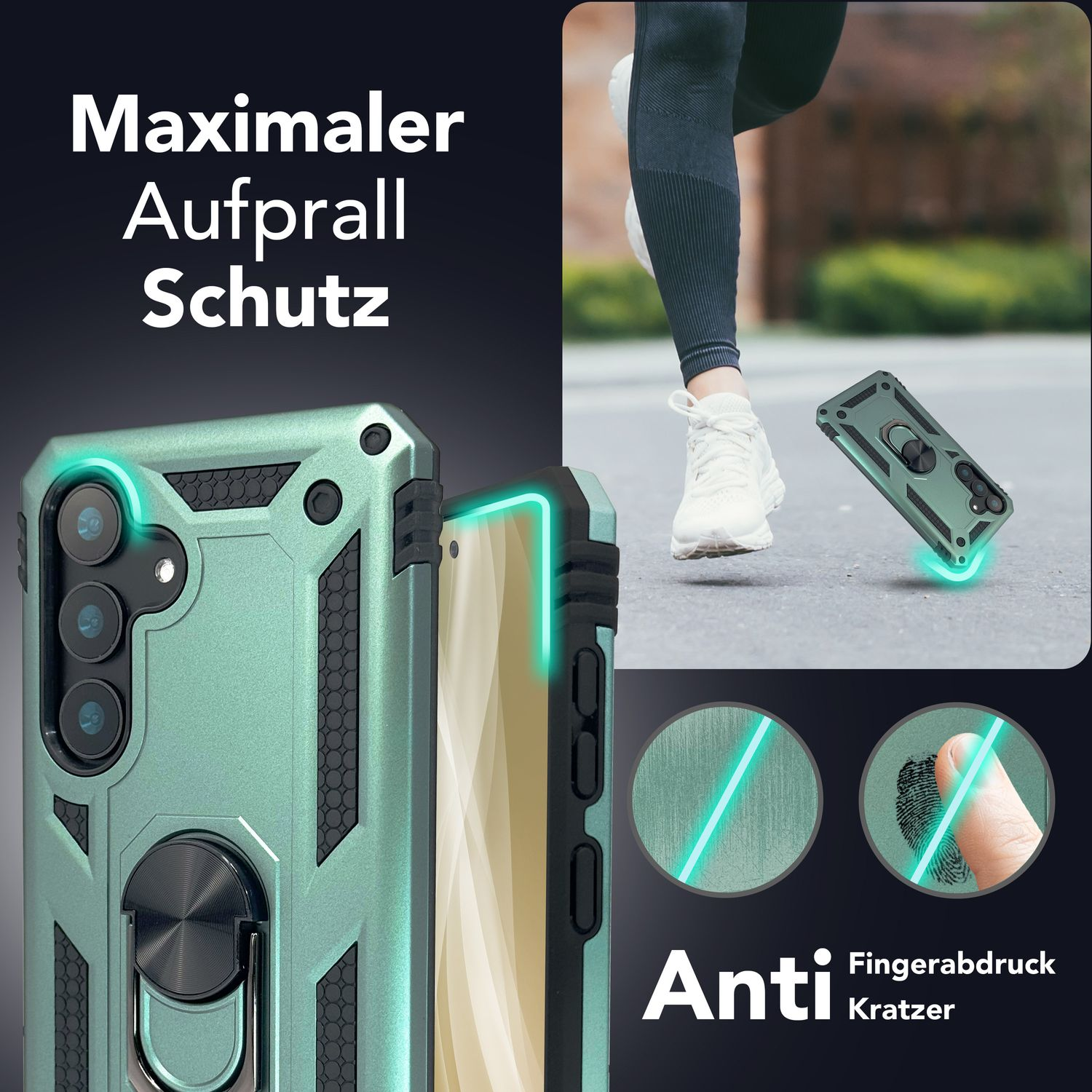 Eine Handyhülle, die eine tealfarbene Hülle mit einem schwarzen Ringhalter und ein Bein im Hintergrund zeigt.