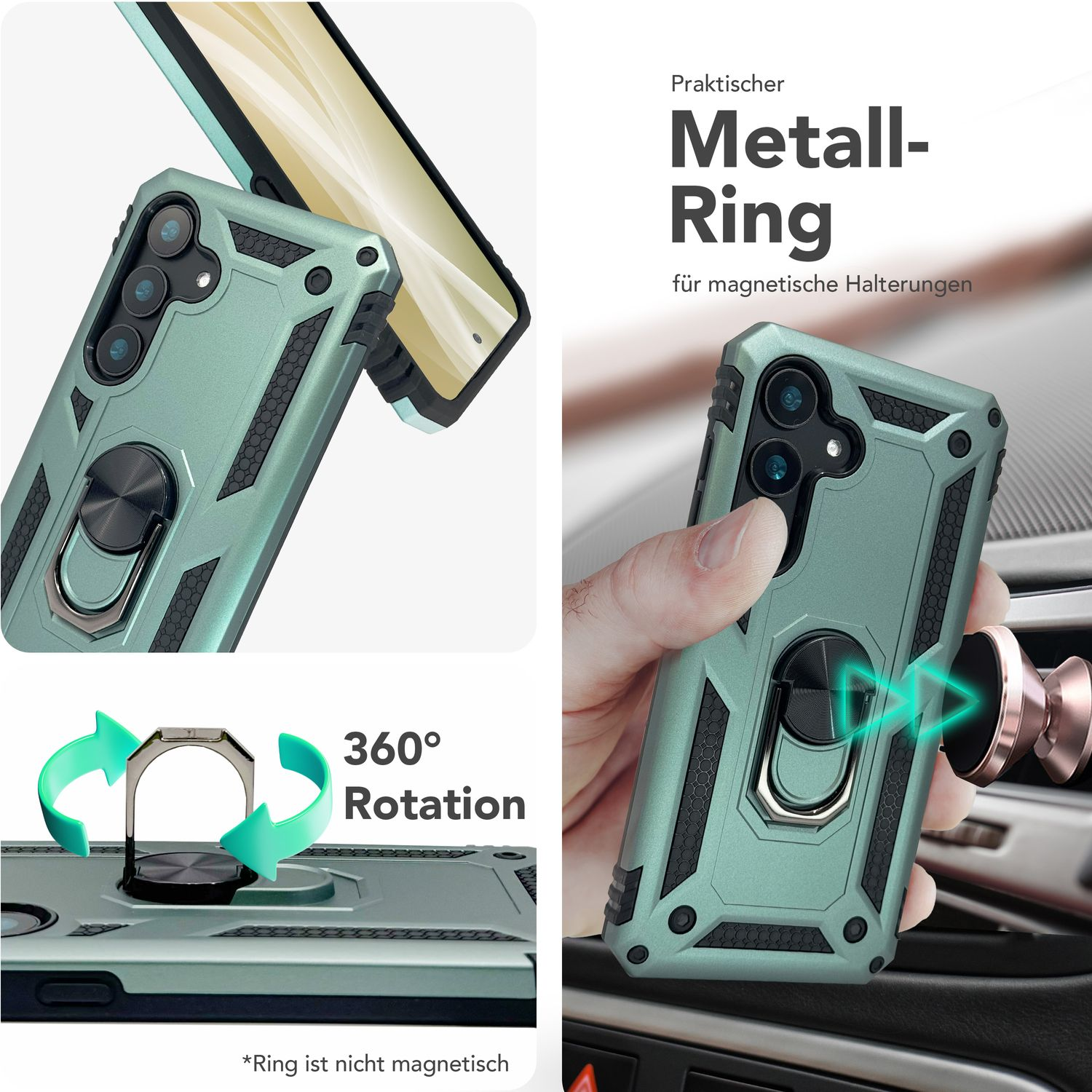Grüne Handyhülle mit Ringhalter. Zeigt 360° Drehung. Hülle im Auto und abgenommen. Text: Ring ist nicht magnetisch.
