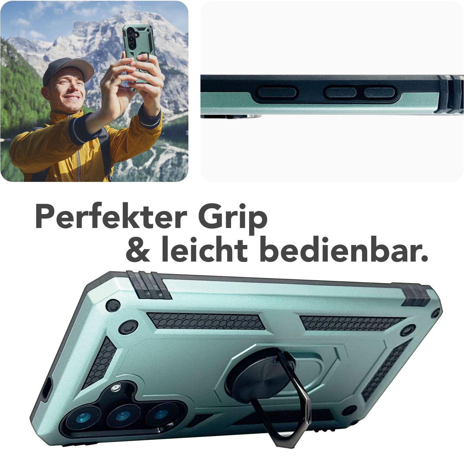 Eine Handyhülle mit einem Ringhalter. Die Handyhülle ist mintgrün. Es wird aus verschiedenen Blickwinkeln gezeigt.