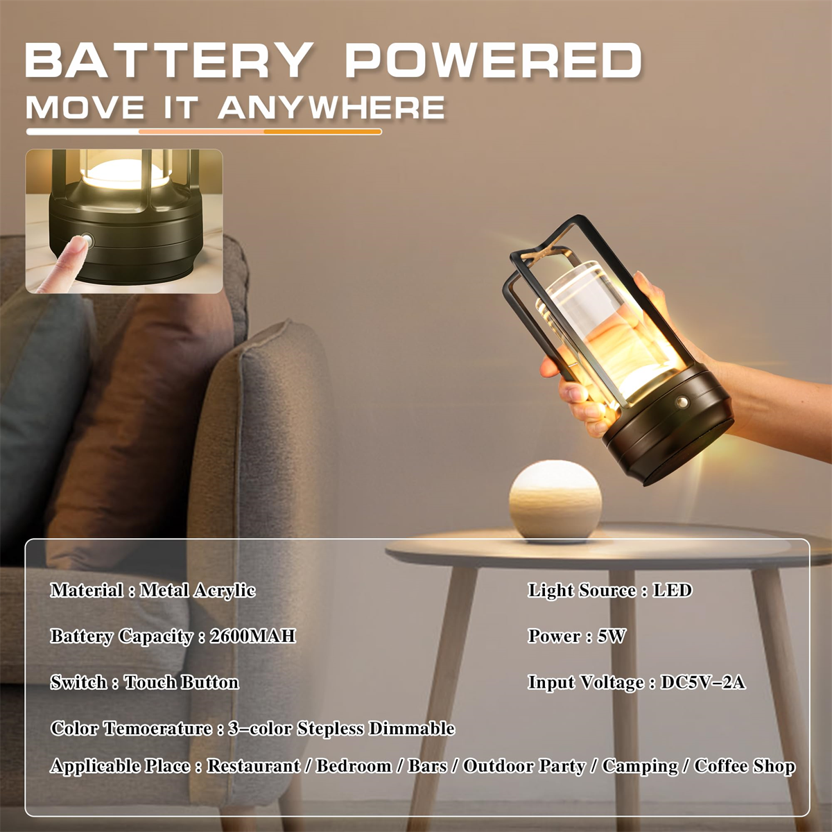 Schwarze Laterne mit Text: Batteriebetrieben, Überallhin mitnehmen, mit Spezifikationen.