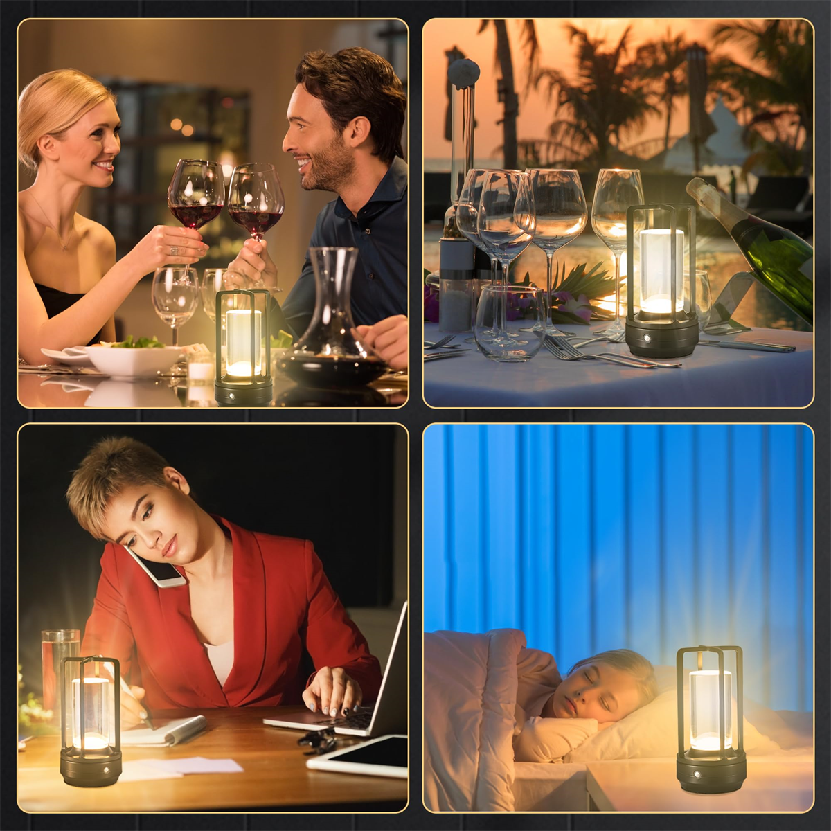 Collage von Menschen, die eine Lampe in verschiedenen Umgebungen genießen: Essen, Arbeiten, Reden und Schlafen.