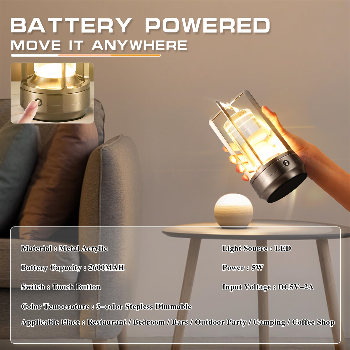 Eine Laterne auf einem Tisch, drinnen. Text: Batteriebetrieben, überall hin mitnehmen. Weitere Details dazu.
