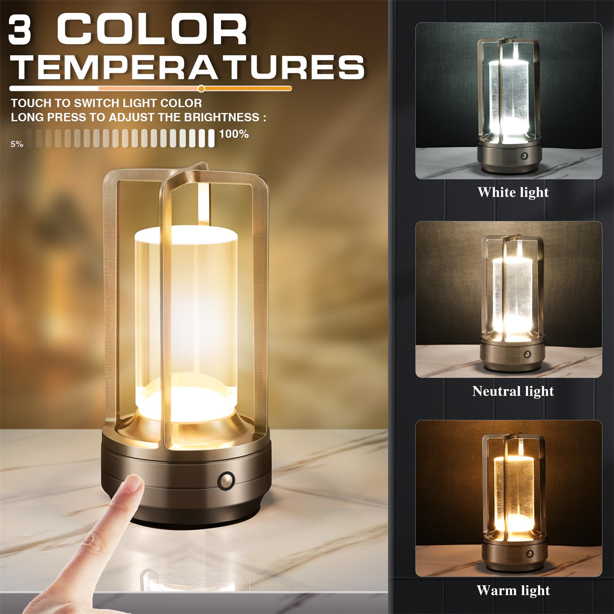 Eine berührungsgesteuerte Lampe mit drei Farboptionen: weiß, neutral und warmes Licht.