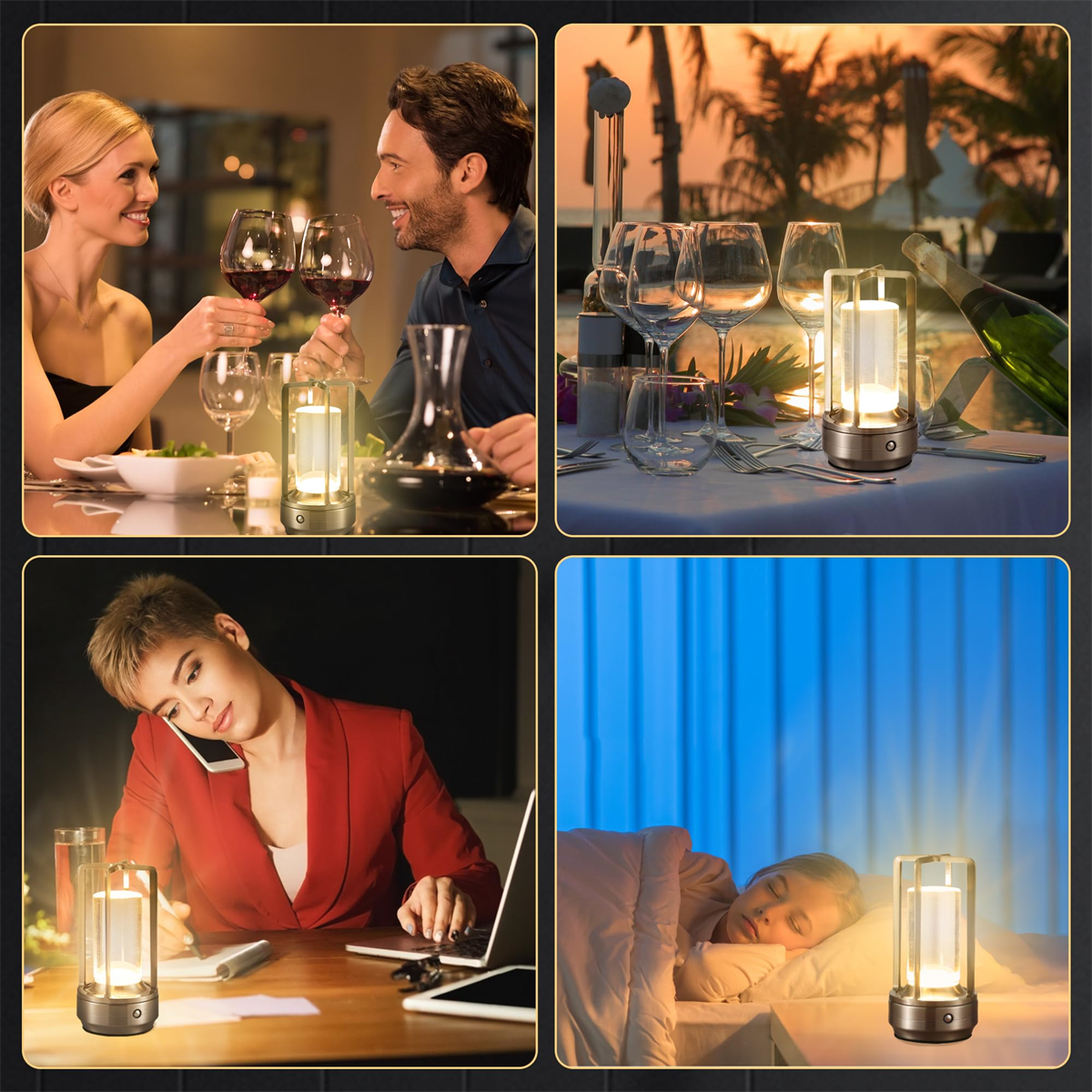 Collage aus vier Szenen, Personen beim Abendessen, Frau am Telefon, Person bei der Arbeit, Frau schläft.