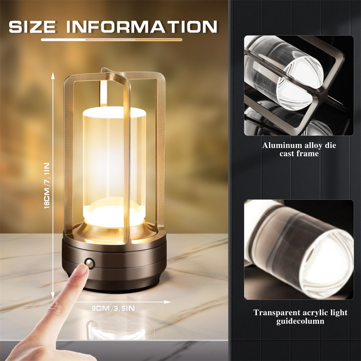 Eine Lampe mit Touch-Taste. Sie hat eine transparente Acryl-Lichtführung.
