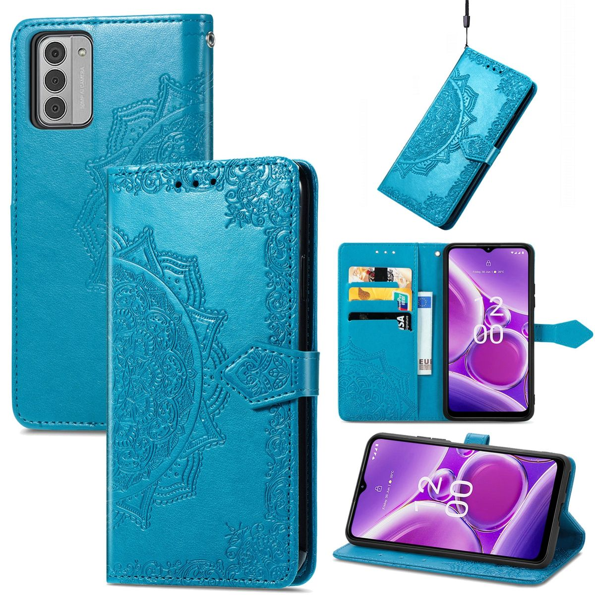 Blaue Handyhülle mit Mandala-Design, mehrere Ansichten mit Handy und Kartenfächern.