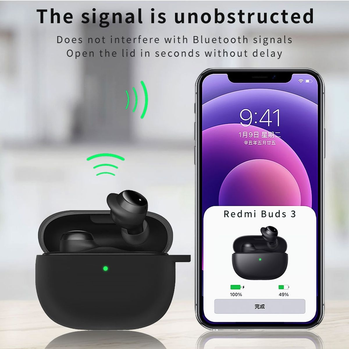 Kopfhörer in einem Etui, Telefon zeigt Kopfhörer und Akkustand. Grüne Signal-Icons drumherum.