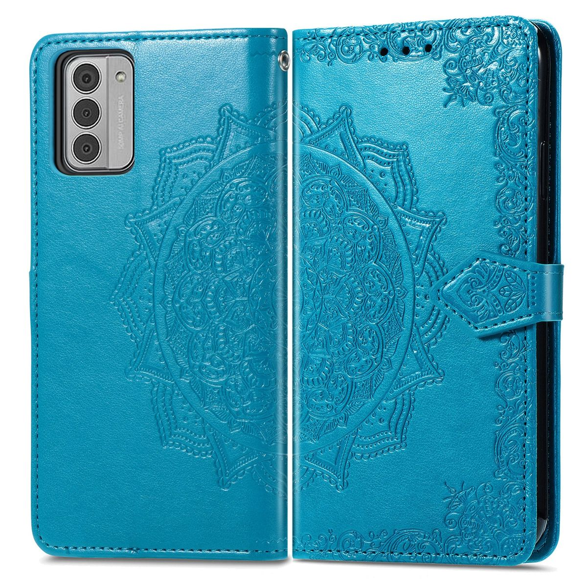 Blaue Handyhülle mit Mandala-Design, offen, zeigt Telefon und Seitenansicht.