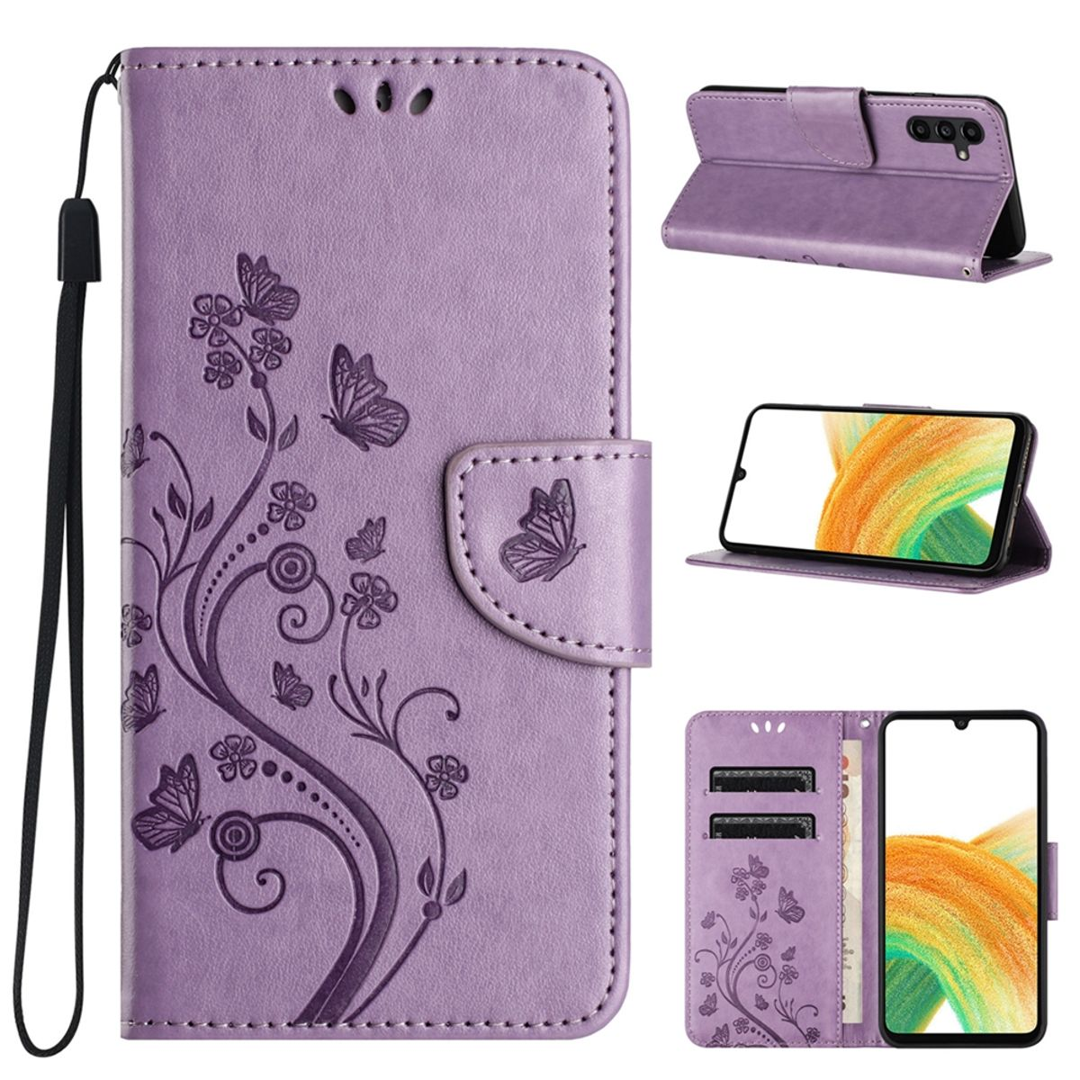 Lila Handyhülle mit Schmetterlings- und Blumendesign. Mehrere Ansichten: offen, geschlossen und Telefon haltend.
