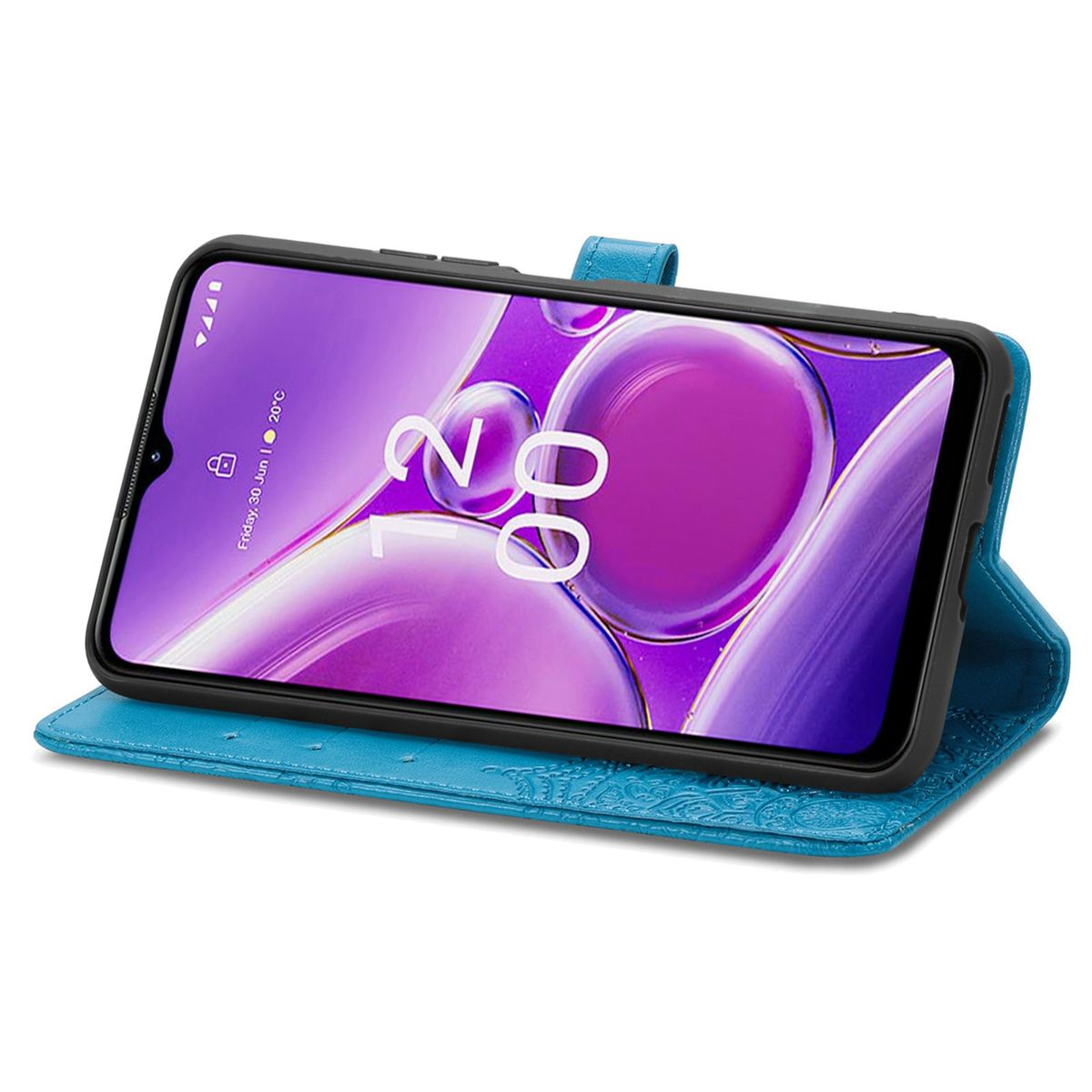 Blaue Handyhülle mit geöffnetem Telefon, das eine Digitaluhr auf dem Bildschirm zeigt.