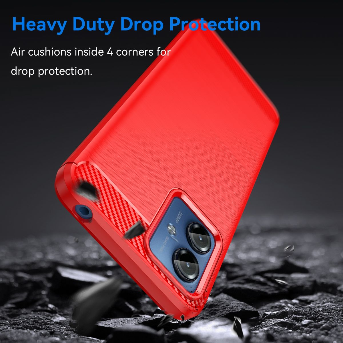 Rote Handyhülle mit Kameraausschnitt. Text: 'Heavy Duty Drop Protection'.