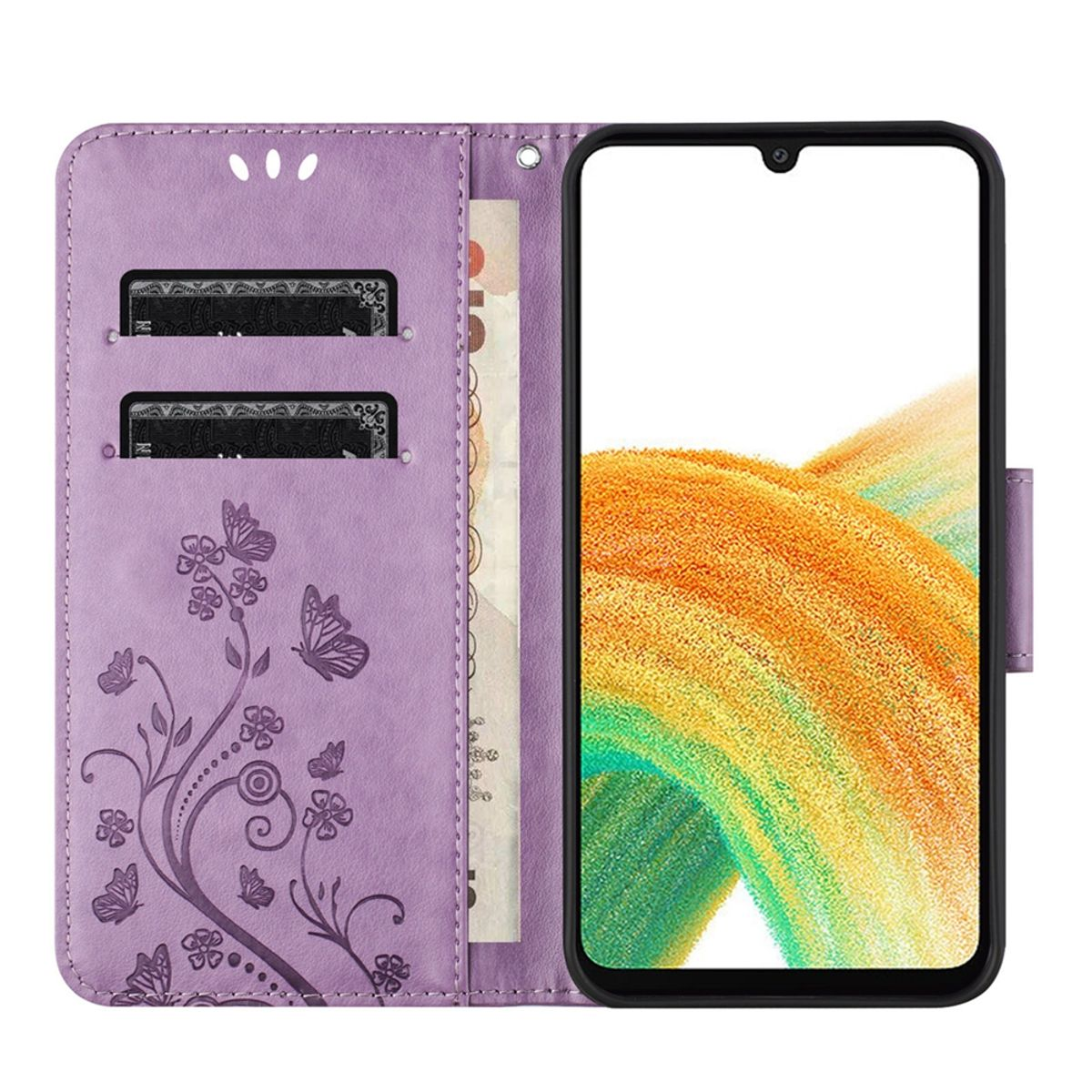 Lila Handyhülle offen. Ein Telefon ist darin. Blumen- und Schmetterlingsmuster auf der Hülle.