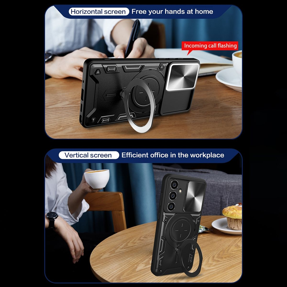 Zwei Bilder mit Handyhüllen. Eines zeigt ein Telefon in Gebrauch, das andere ein Telefon auf einem Schreibtisch.