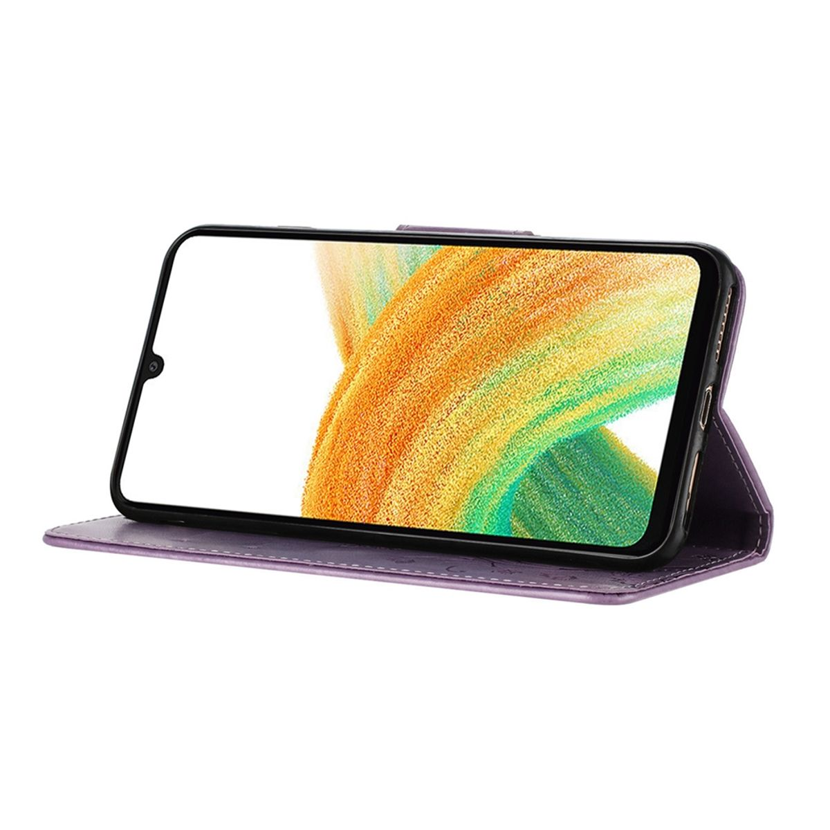 Lila Handyhülle mit Handy, das ein farbenfrohes Design zeigt. Das Handy ist offen.