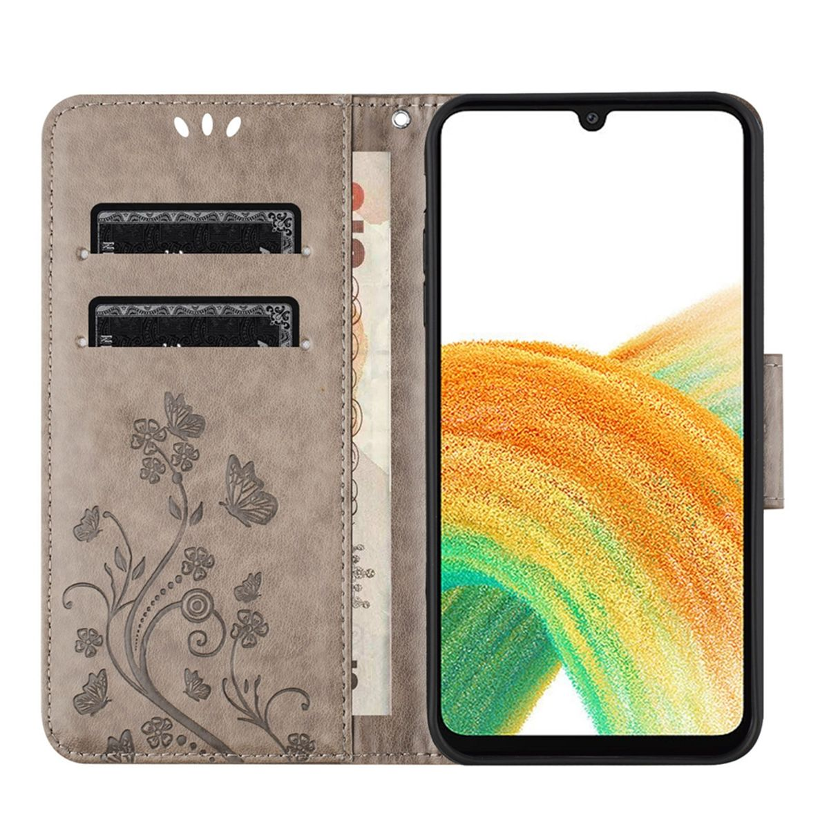 Offene Handyhülle mit Telefon darin. Die Hülle hat ein Schmetterlingsmuster.