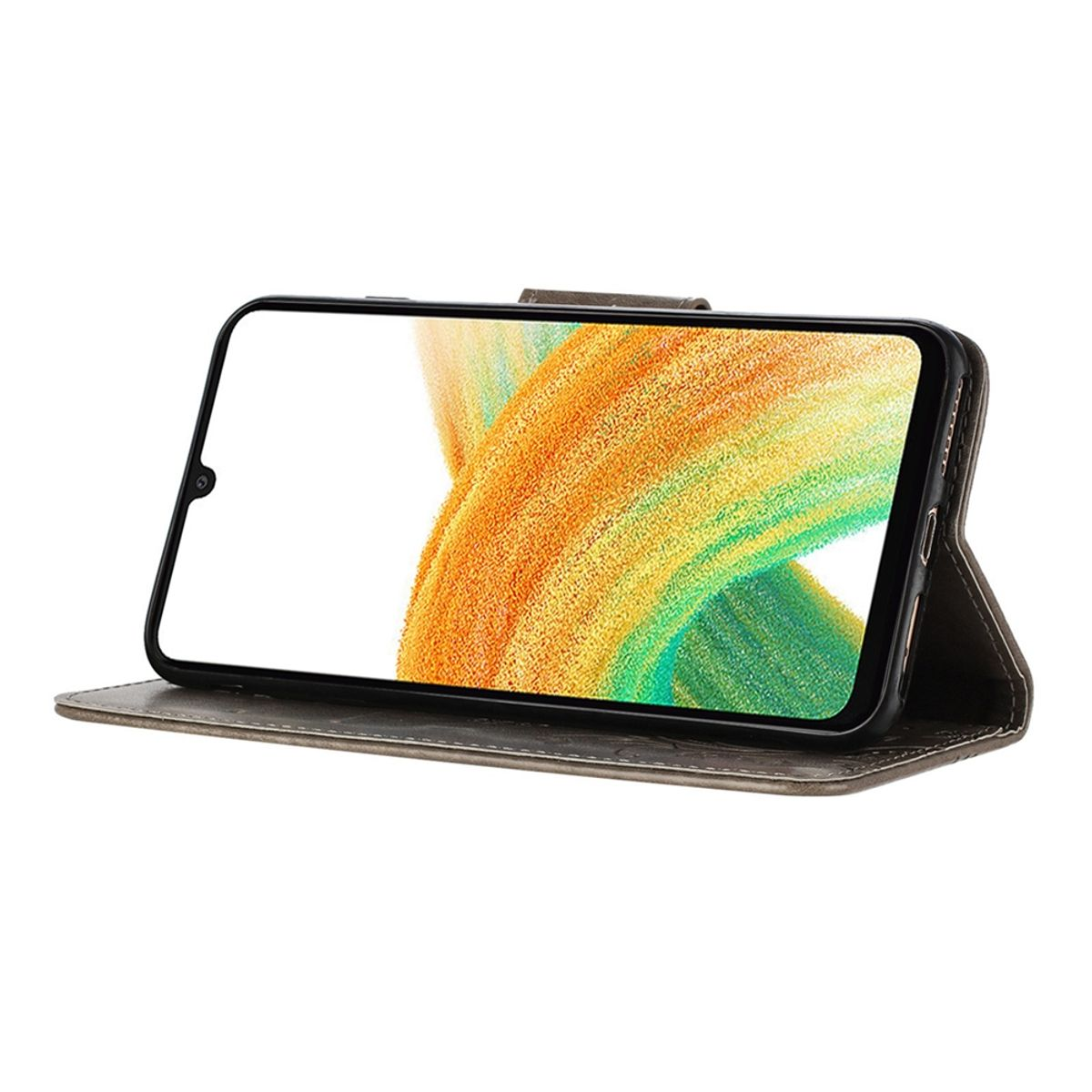 Smartphone in einer Geldbörsenhülle, offen, zeigt den Bildschirm, mit Lederdesign.