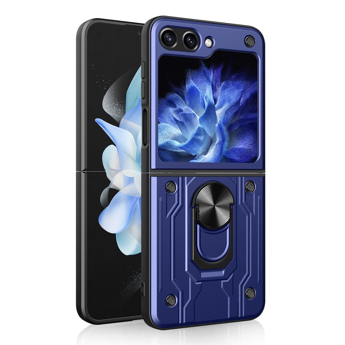 Blaue Handyhülle mit einem Telefon, der Bildschirm zeigt ein blaues Blumendesign.
