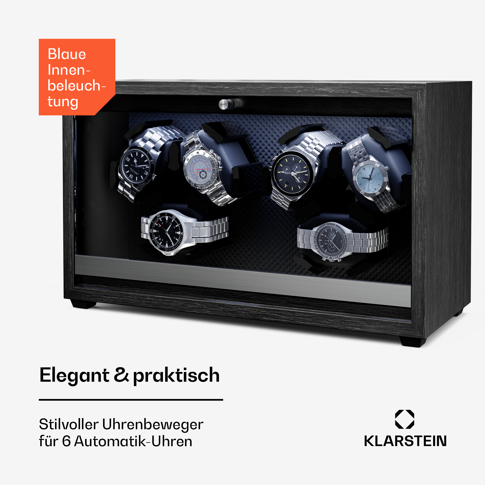 Uhrenvitrine aus Holz. Sechs Uhren sind sichtbar, mit blauer Innenbeleuchtung.