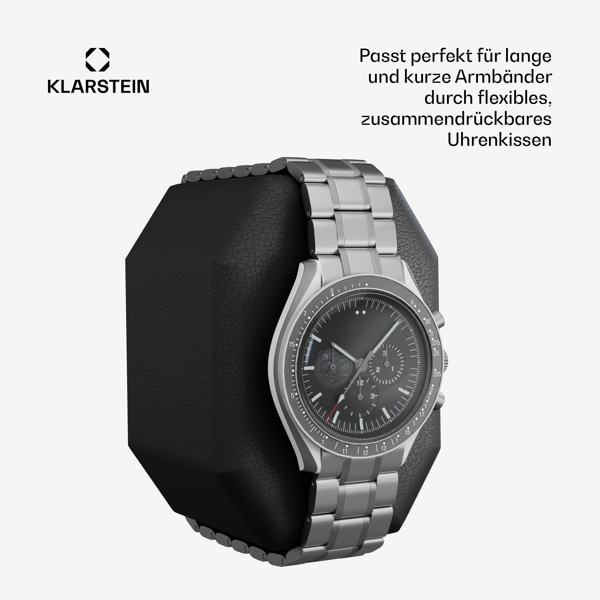 Silberne Uhr auf schwarzem Lederhalter. Klarstein-Logo oben links.