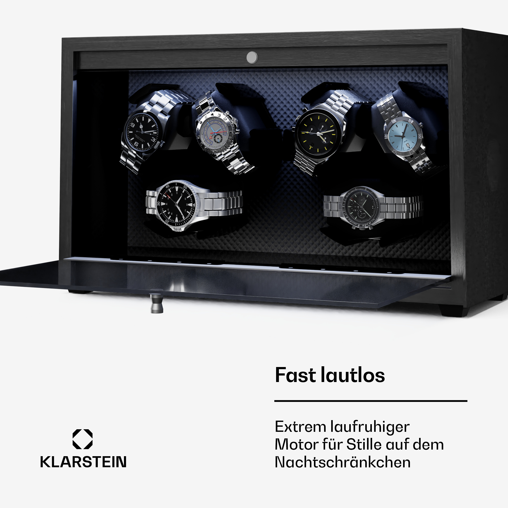 Schwarzer Uhrenbeweger mit sechs Uhren. Text sagt 'Schnell leise', mit Motorinfo.