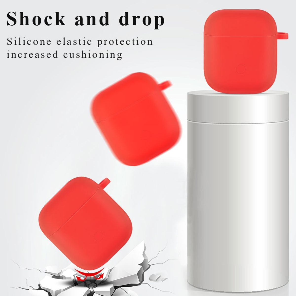 Rote Kopfhörer-Etuis und weißer Zylinder. Text: Shock and Drop, Silikonschutz, erhöhte Dämpfung.