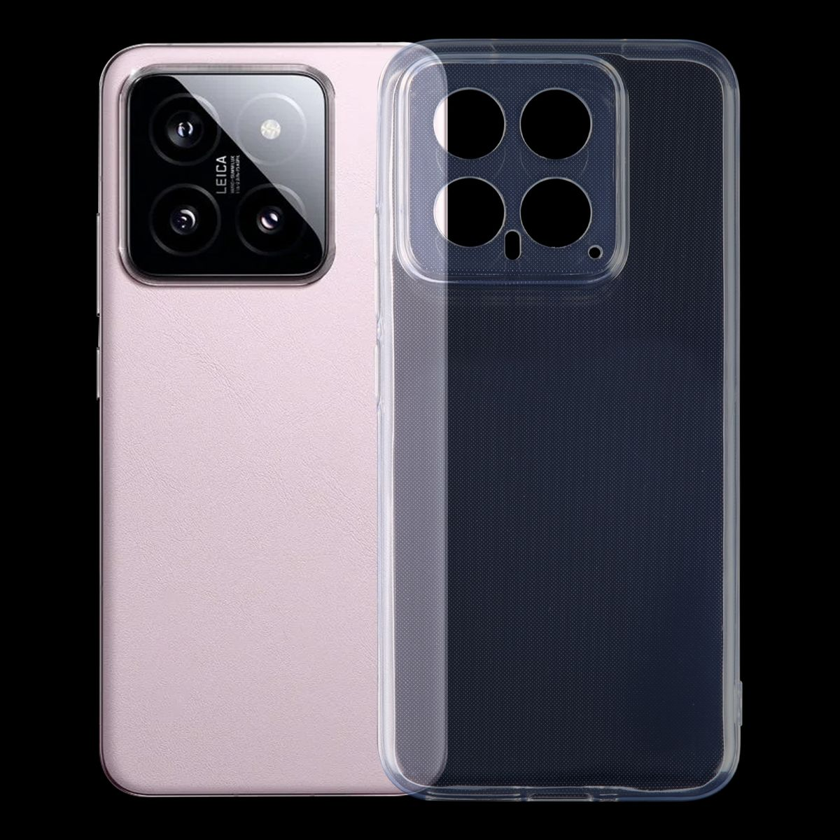 Ein rosafarbenes Telefon mit einer transparenten Hülle. Die Hülle zeigt die Rückseite des Telefons mit Leica-Kamera und Blitz.