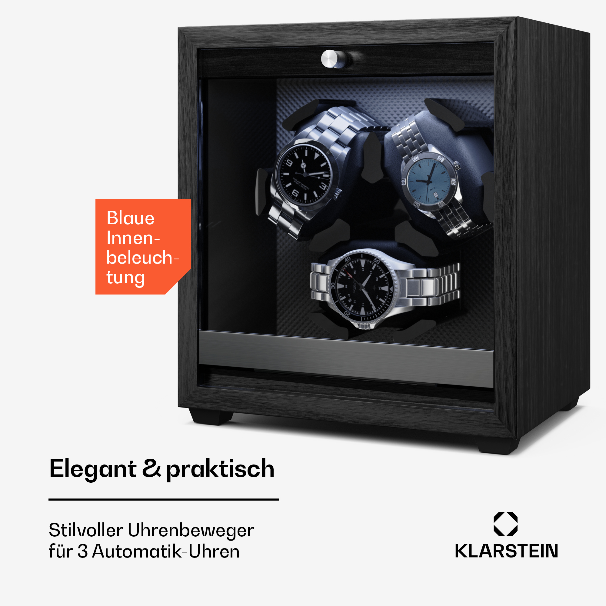 Uhrenbeweger-Box aus Holz mit drei Uhren. Der Text 'Elegant & praktisch' und 'Blaue Innenbeleuchtung' sind sichtbar.