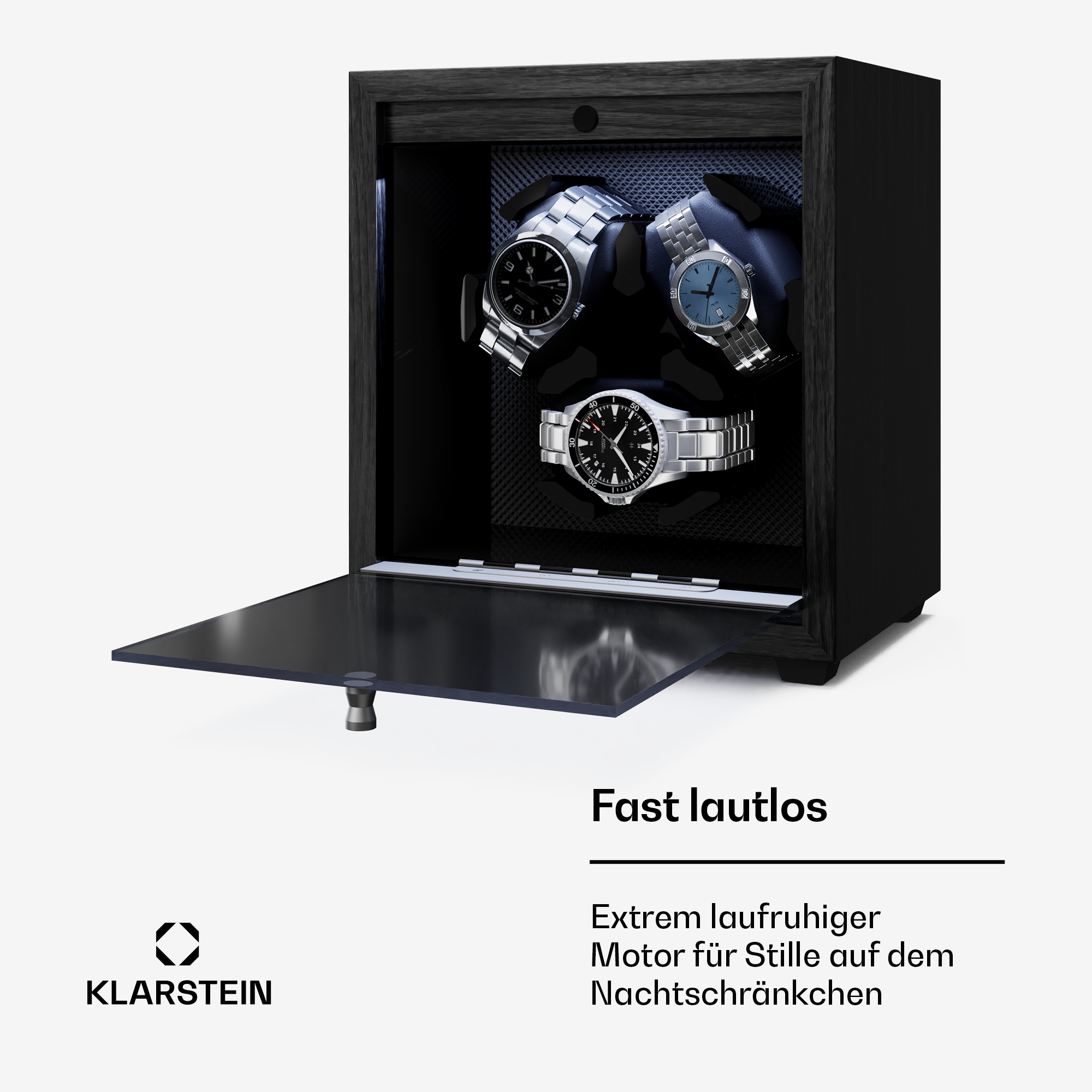Schwarzer Uhrenbeweger mit 3 Uhren, offene Tür. Text: Fast lautlos, Extrem laufruhiger Motor.