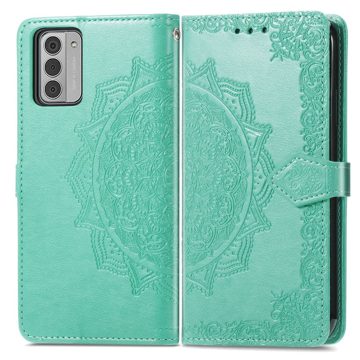Türkisfarbene Handyhülle, offen, geprägtes Mandala-Design. Telefon innen.
