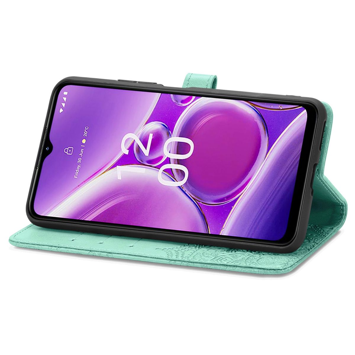 Ein Smartphone in einer tealfarbenen Brieftasche. Der Bildschirm zeigt Datum und Uhrzeit.