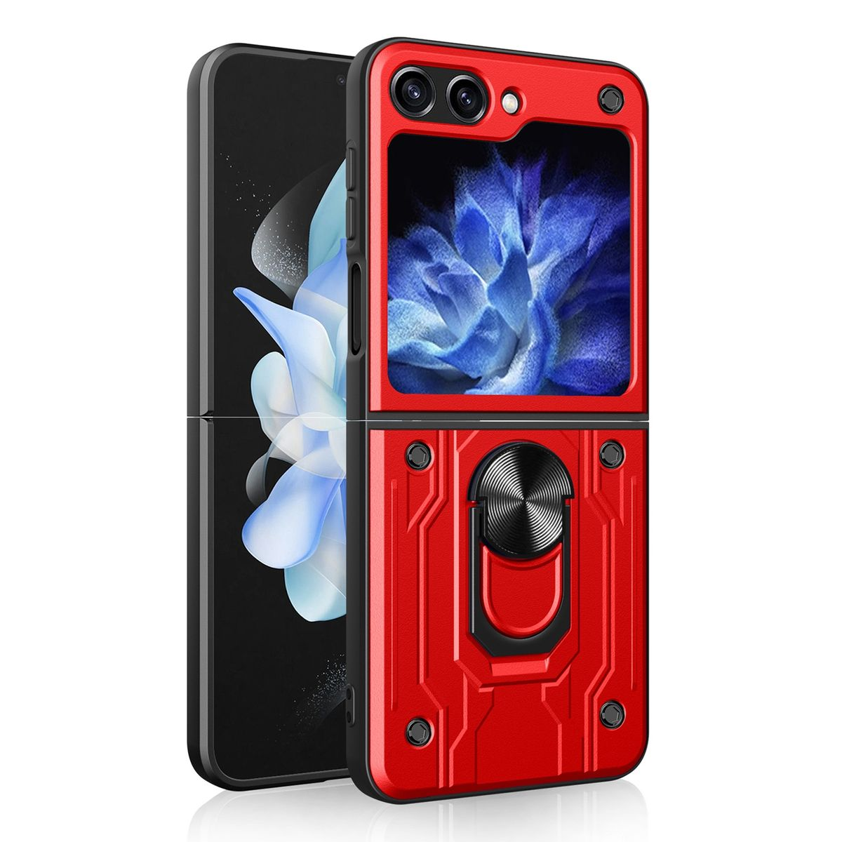 Rote Handyhülle mit schwarzem Ringhalter. Telefon zeigt ein blaues Blumendesign auf dem Bildschirm.