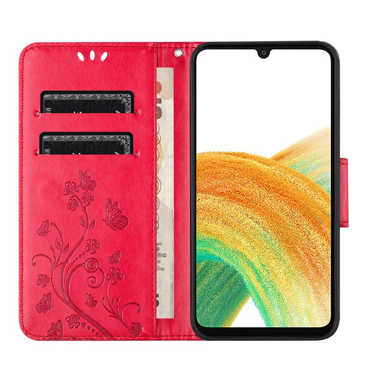 Eine rote Handyhülle ist geöffnet und zeigt ein Telefon, Kreditkarten und Geld.