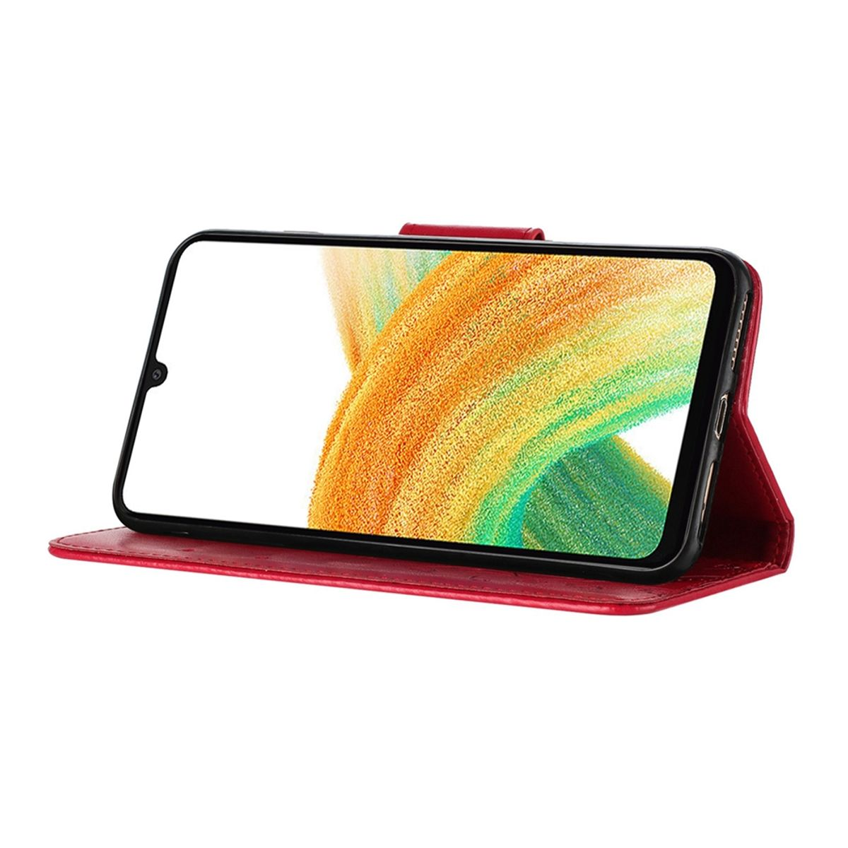 Rote Handyhülle mit Telefon darin, das Telefon zeigt bunte abstrakte Formen.