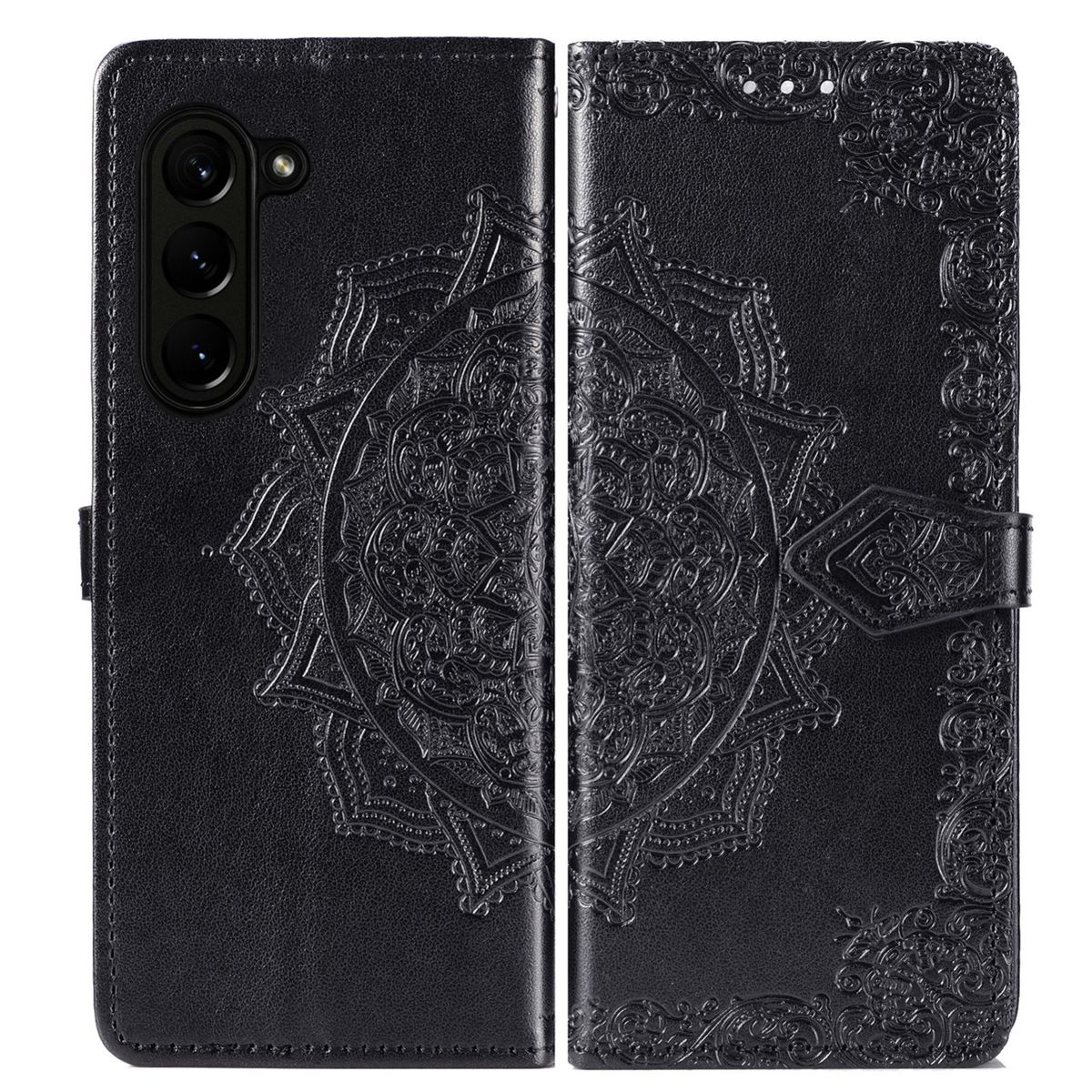 Eine schwarze Handyhülle mit detailliertem Mandala-Design. Die Hülle ist geöffnet und zeigt das Telefon und seine Kameras.