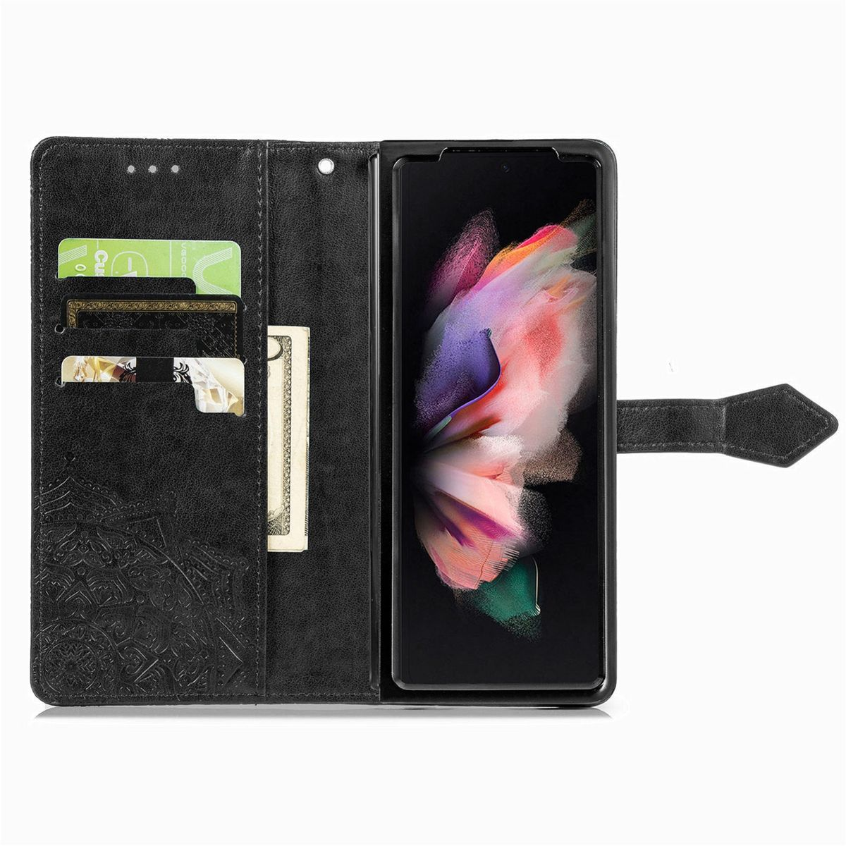 Geöffnete schwarze Handyhülle mit sichtbaren Karten und Bargeld, zeigt ein Telefon mit Blumendisplay.