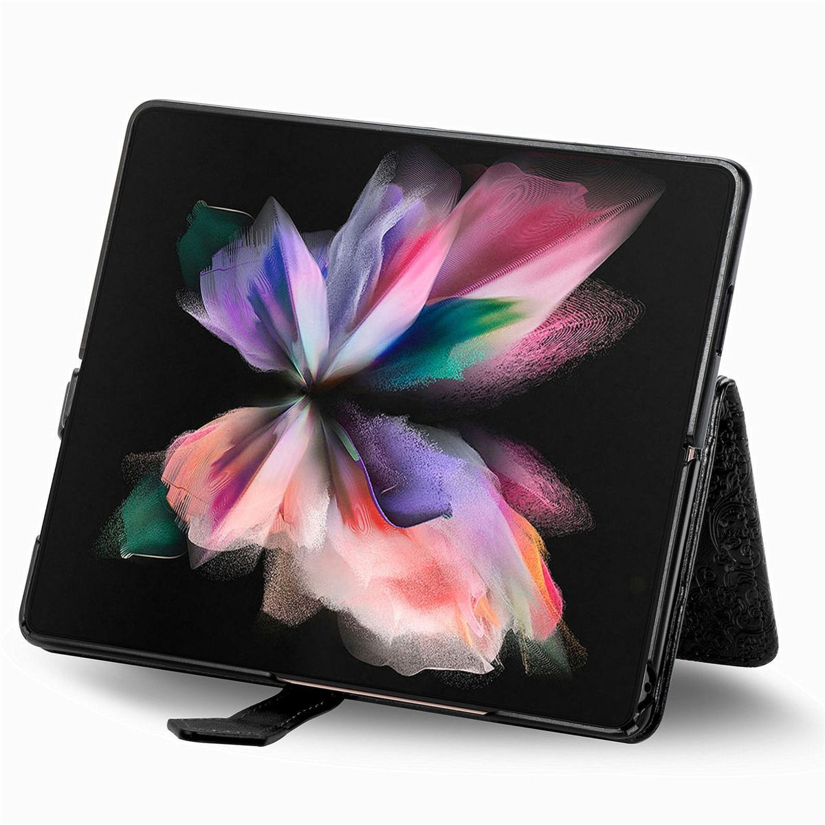 Ein schwarzes Tablet mit farbenfrohem Blumendesign, auf einem Ständer, geöffnet.