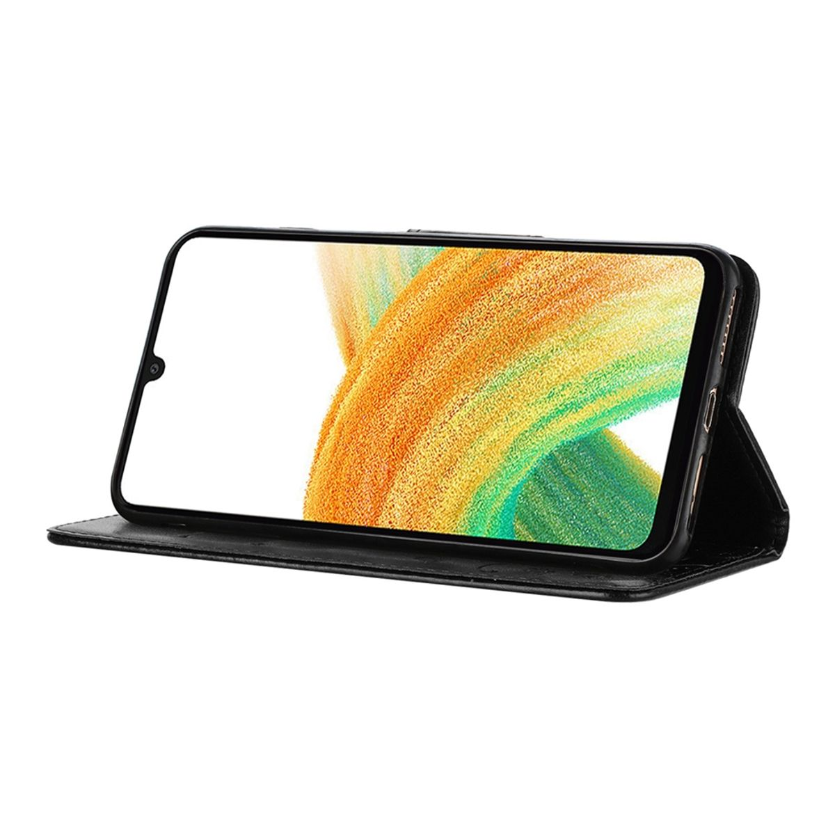 Telefon in einer schwarzen Hülle, offen und stehend. Der Bildschirm zeigt ein abstraktes, farbenfrohes Design.