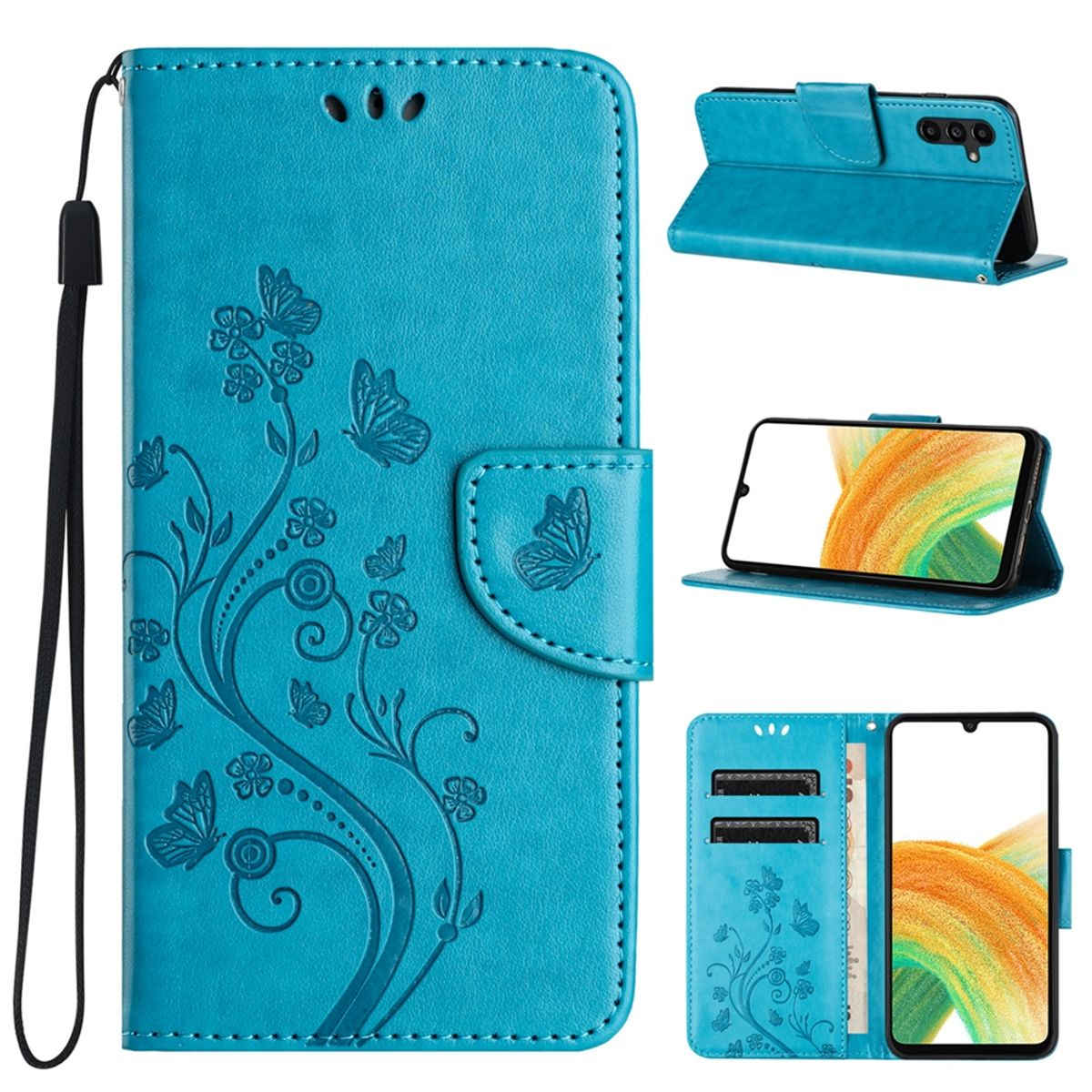 Blaue Handyhülle mit Schmetterlingsdesign, mehrere Ansichten: geschlossen, offen, Telefon in Gebrauch.