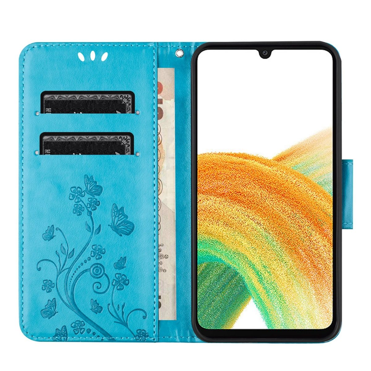 Türkisfarbenes Handy-Etui offen, zeigt Telefon mit farbenfrohem Hintergrund.
