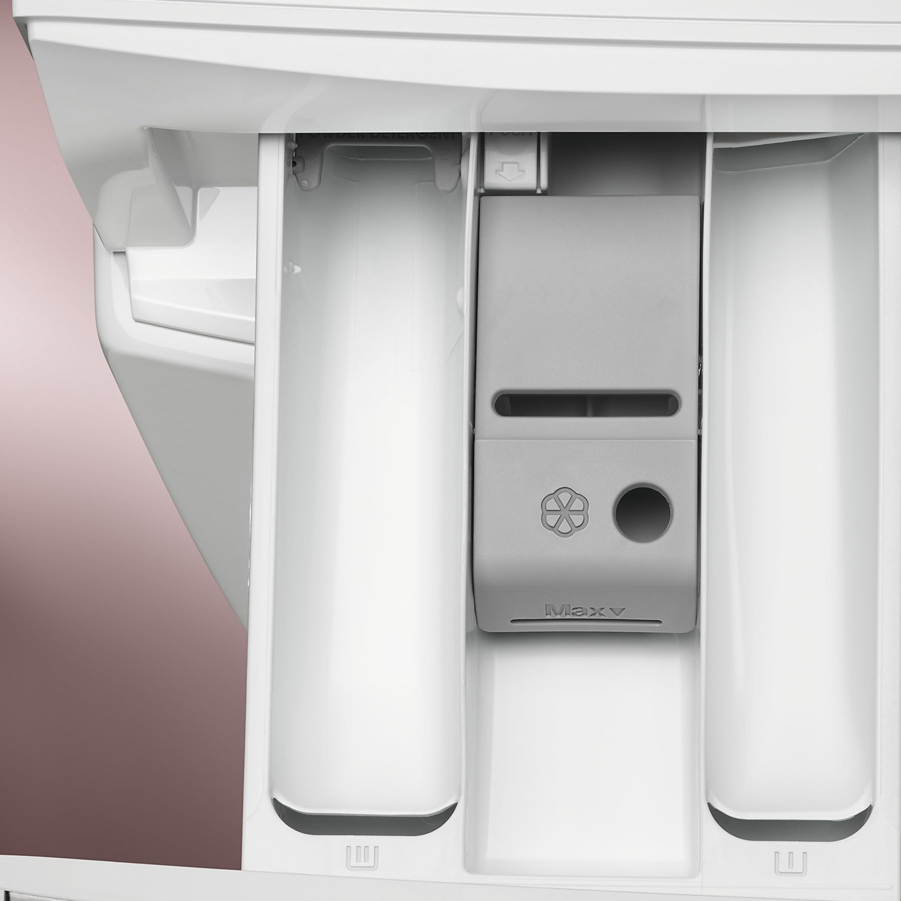 Primo piano del dispenser di detersivo di una lavatrice con tre scomparti.