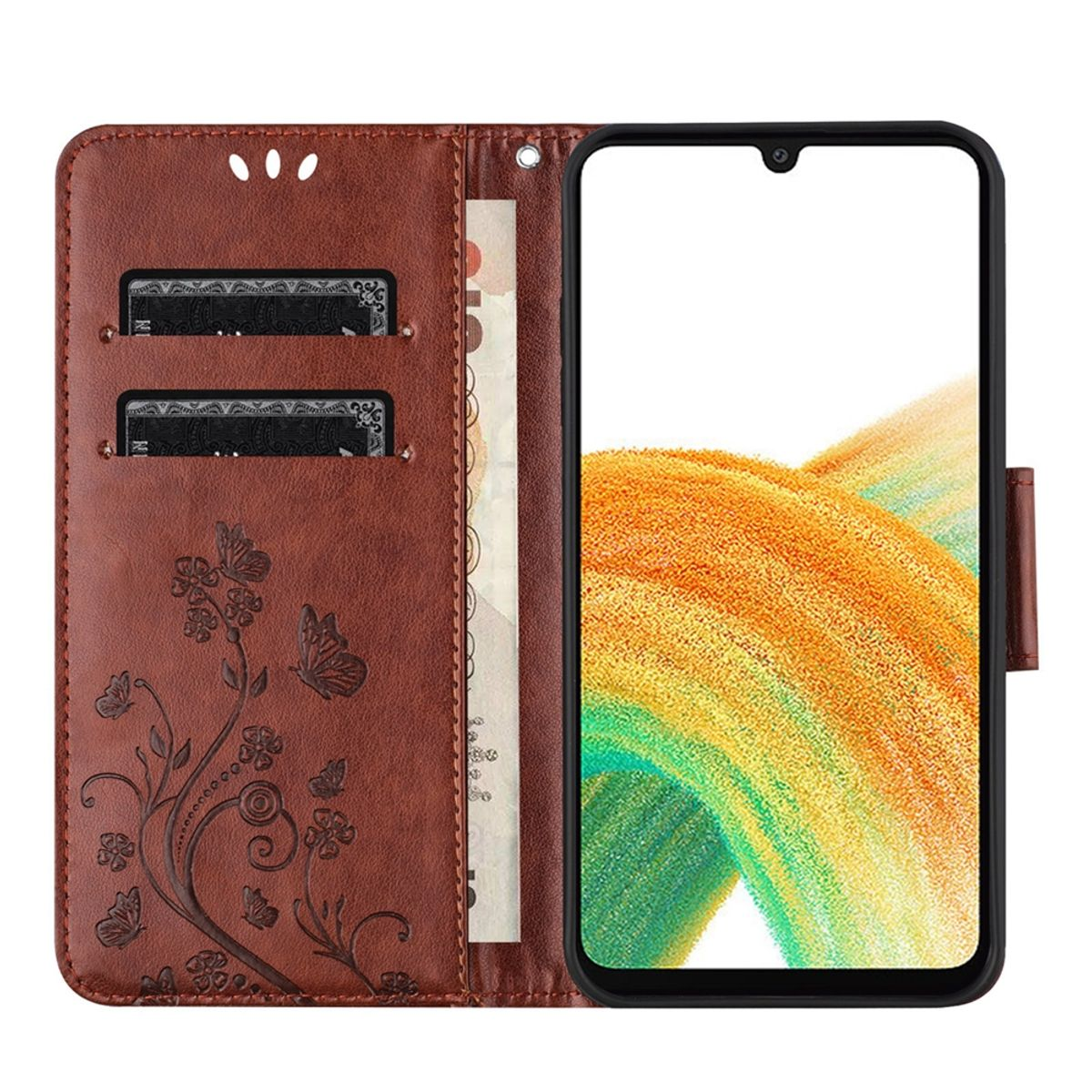 Braune Handyhülle, offen, mit Telefon, Karten und Bargeld. Blumendesign auf der linken Seite.