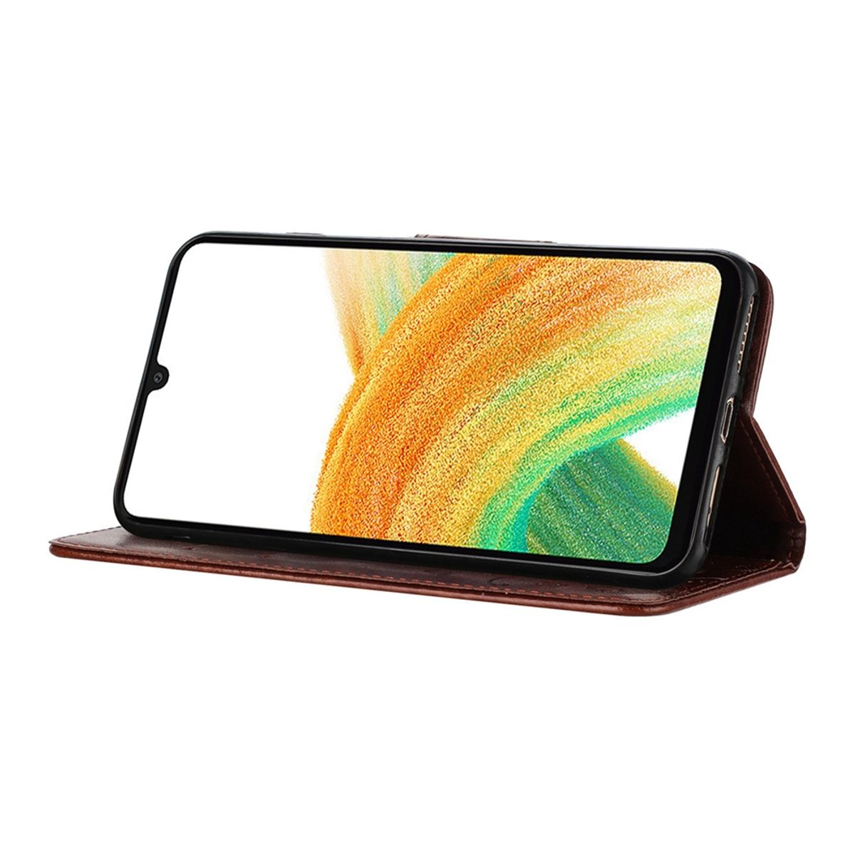 Telefon in brauner Hülle. Bildschirm zeigt abstrakte Kunst. Hülle offen auf dem Tisch.