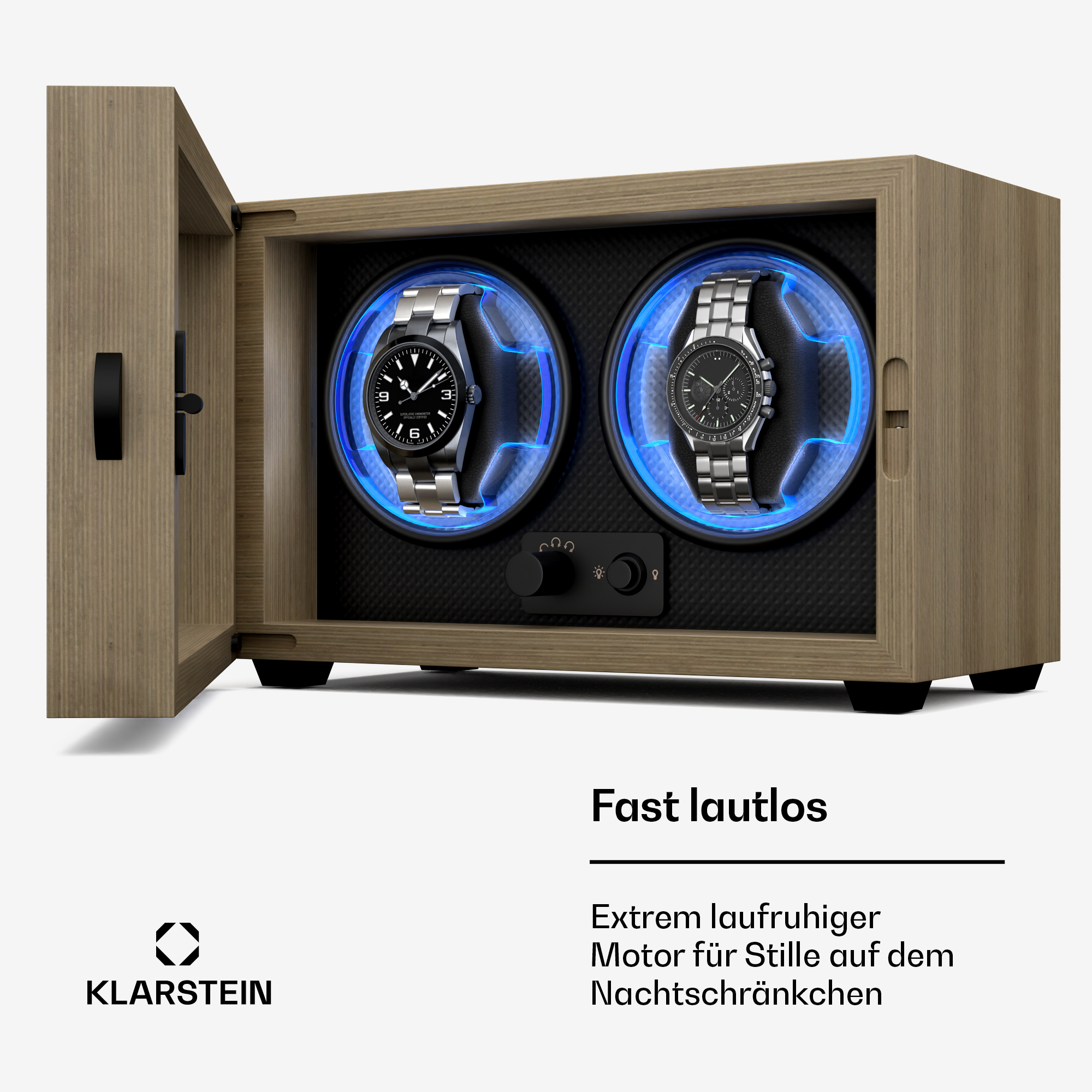 Uhrenbeweger aus Holz mit zwei Uhren. Eine mit schwarzem Zifferblatt, die andere silberfarben.